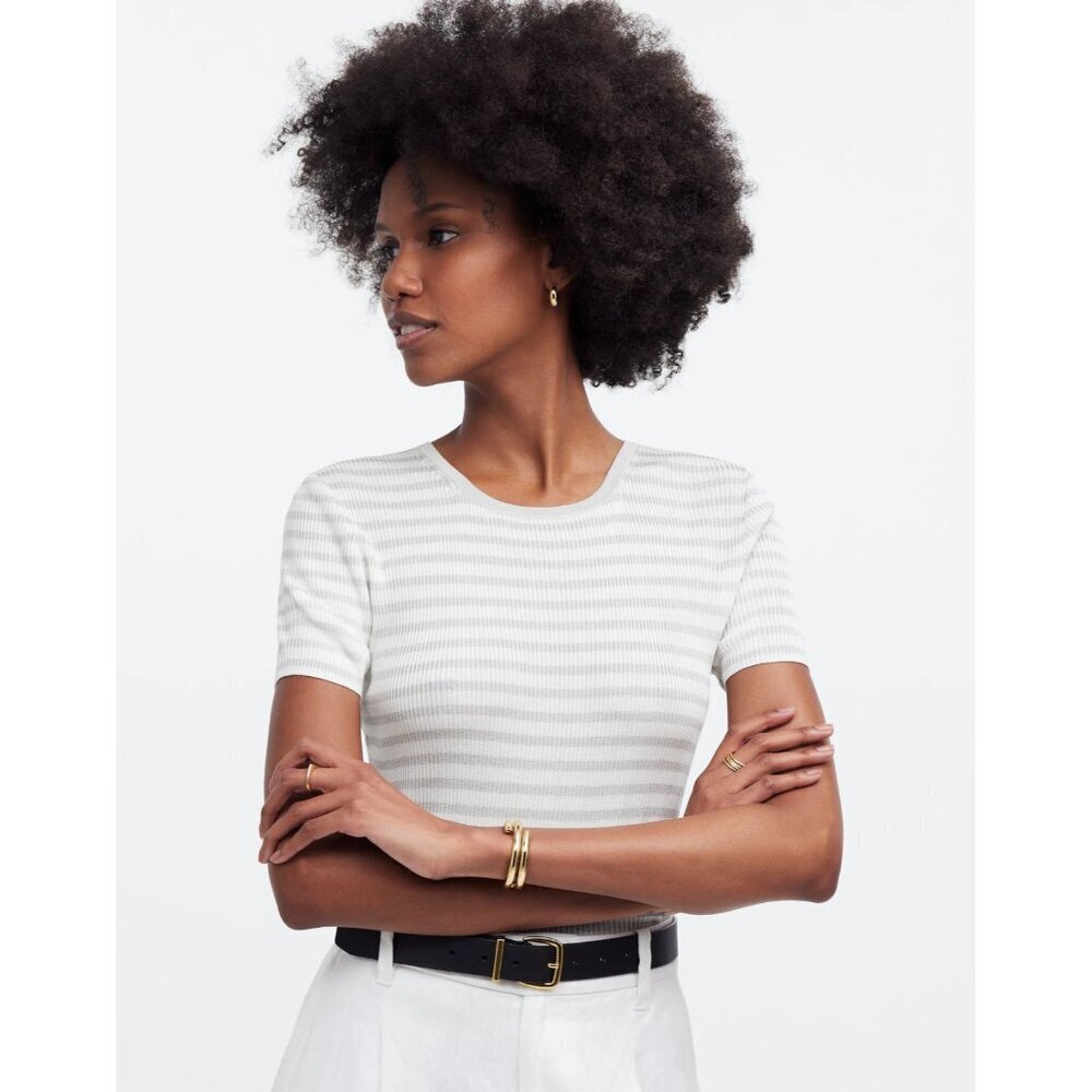 Madewell‎ Womens XXS Micro-Rib Striped Sweater Tee in White/Gray NQ336 $78 512
